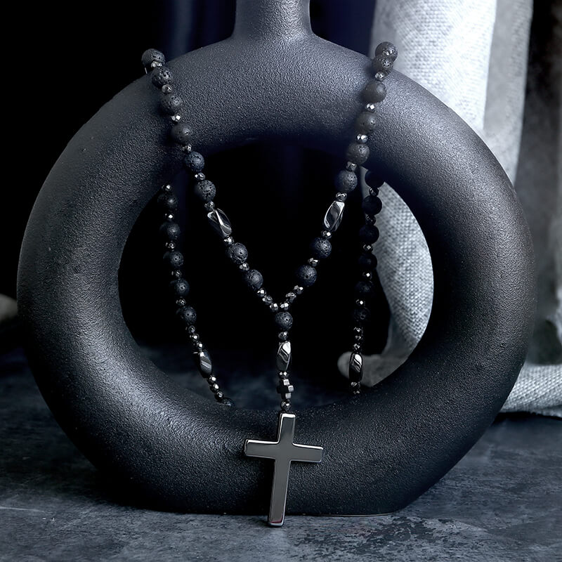 Latin Cross Stone Bead Biker Rosary Necklace – GTHIC