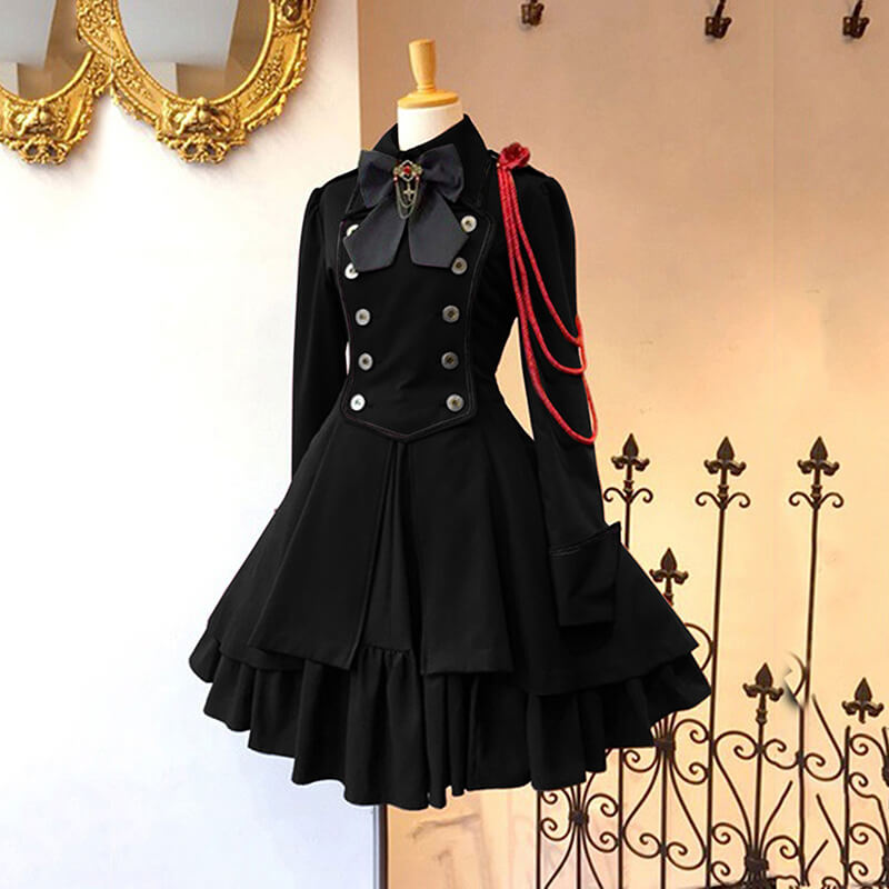 Medieval Retro Gothic Bow Long Sleeve Ruffle Dress