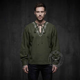 Medieval Viking Embroidered V-Neck Drawstring Shirt | Gthic.com