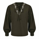 Medieval Viking Embroidered V-Neck Drawstring Shirt | Gthic.com