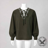 Medieval Viking Embroidered V-Neck Drawstring Shirt