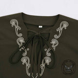 Medieval Viking Embroidered V-Neck Drawstring Shirt