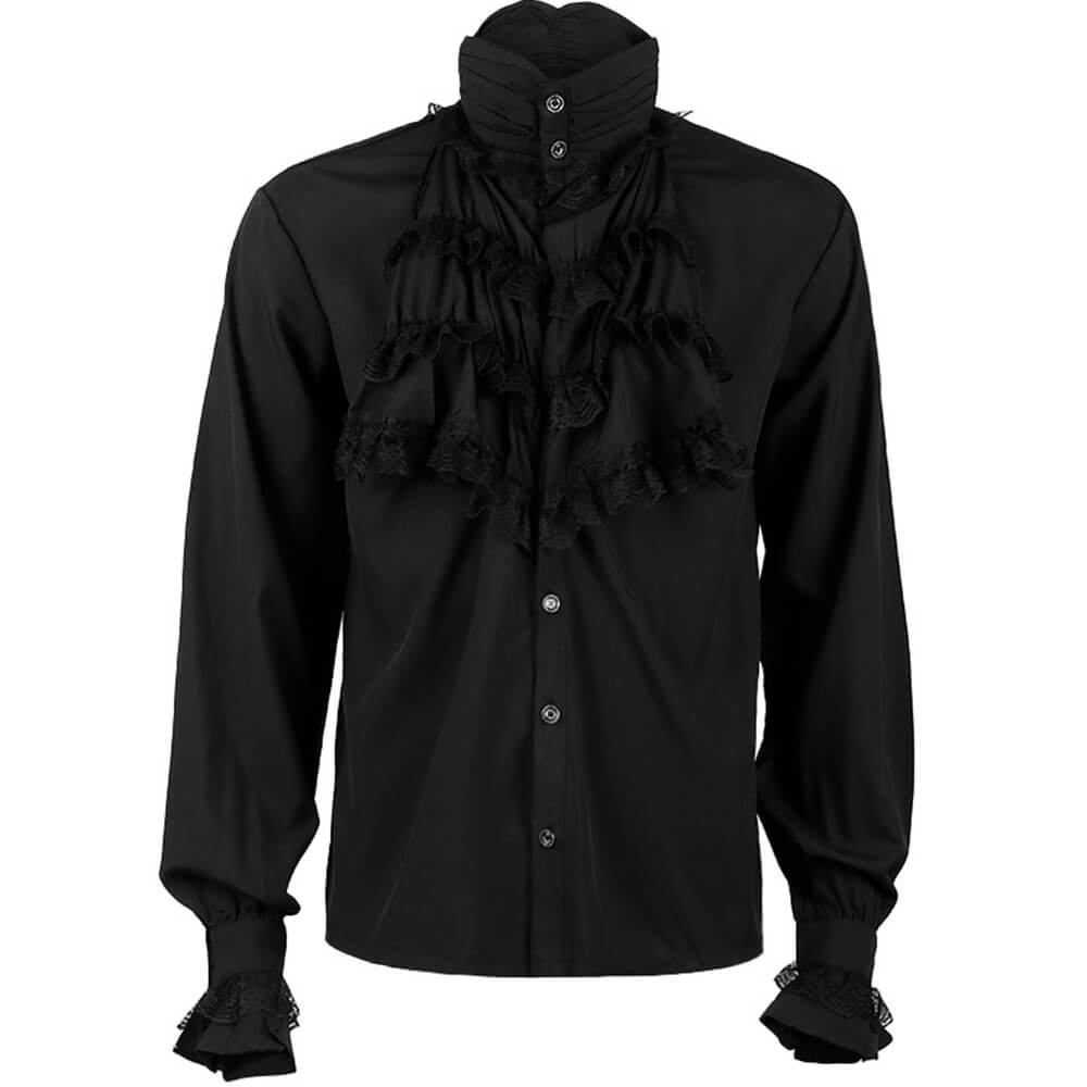 Men's Medieval Gothic Ruffled Stand Collar Long Sleeve Shirt, Black / 2XL (Bust 136 cm) Men's Medieval Gothic Ruffled Stand Collar Long Sleeve Shirt, Black / 2XL (Bust 136 cm)