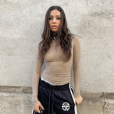 Nude See-Through Mesh Rhinestones Long Sleeve Top | Gthic.com