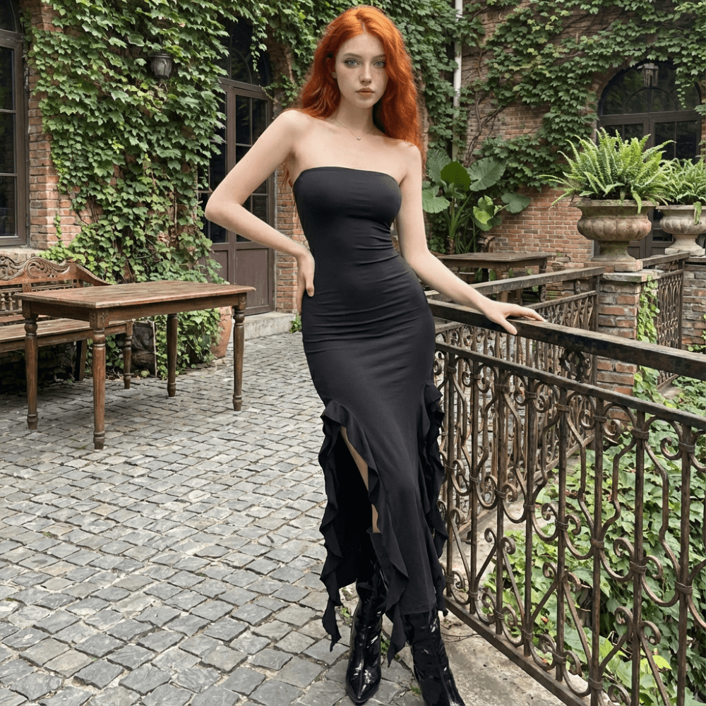 One-shoulder Tube Ruffle Irregular Bodycon Dress, Black / M (Waist 62-98 cm)
