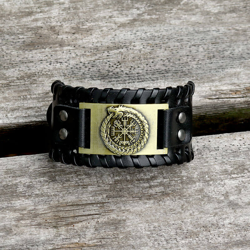 Viking Vegvisir Leather Bracelet For Men - Nordic Runic Compass Pagan Wristband