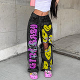 Personalized Y2K Colorful Smiley Face Pattern Jeans | Gthic.com