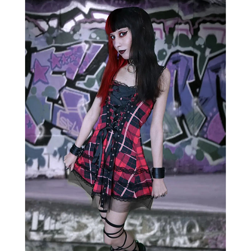 Plaid Lace Up Gothic Mini Dress, Purple / L (Bust 88 cm) Plaid Lace Up Gothic Mini Dress, Purple / L (Bust 88 cm)