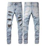Punk-Style Slim-Fit Patches Distressed Jeans | Gthic.com