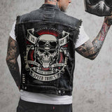 Punk 1969 Speed Trials Biker Skull Print Denim Vest 01 | Gthic.com