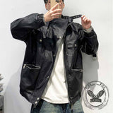 Punk Biker Loose Stand Collar PU Leather Jacket | Gthic.com