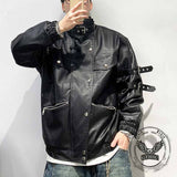 Punk Biker Loose Stand Collar PU Leather Jacket | Gthic.com