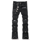 Punk Black Slim-Fit Chain Straight-Leg Ripped Jeans | Gthic.com