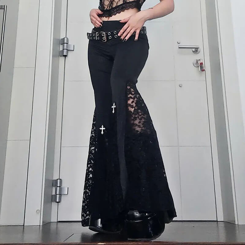 パンツ custom culture bontage flare pants Punk Cross Decoration High-Rise Lace Hollow Flared Pants – GTHIC
