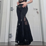 Punk Cross Decoration High-Rise Lace Hollow Flared Pants 02 | Gthic.com