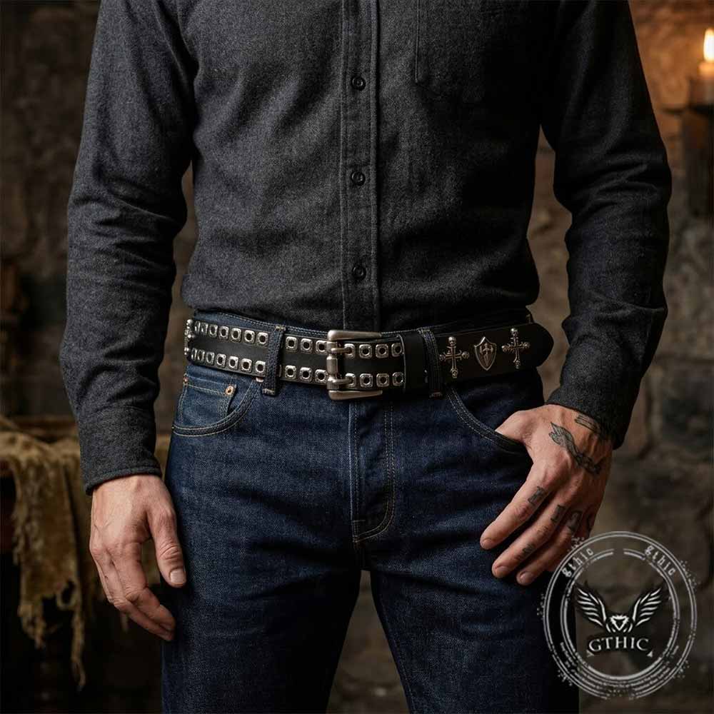 Punk Cross Skull Shield Cutout Rivet Genuine Leather Belt – GTHIC