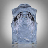 Punk Feather Wings Embroidered Rivet Denim Vest 02 | Gthic.com