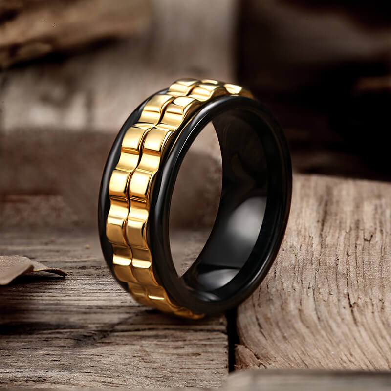 rings with gears Calendar Stainless Steel Spinner Ring For Anxiety, Black Ring / Gold