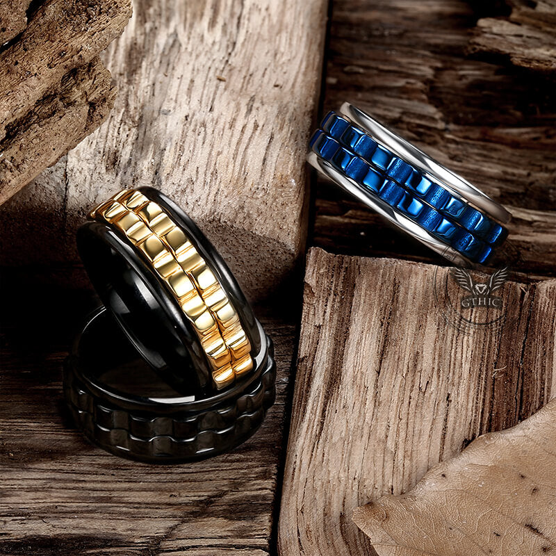 rings with gears Calendar Stainless Steel Spinner Ring For Anxiety, Black Ring / Blue