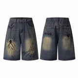 Punk Hand-Drawn Spider Pattern Loose Denim Shorts | Gthic.com