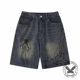 Punk Hand-Drawn Spider Pattern Loose Denim Shorts