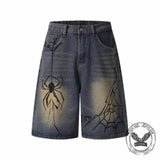 Punk Hand-Drawn Spider Pattern Loose Denim Shorts