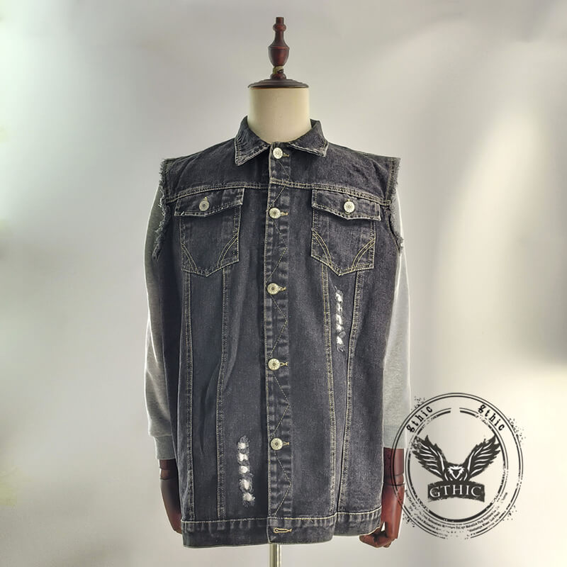 Punk Hat Skull Print Lapel Motorcycle Denim Vest – GTHIC