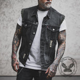 Punk Hat Skull Print Lapel Motorcycle Denim Vest