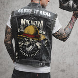 Punk Hat Skull Print Lapel Motorcycle Denim Vest