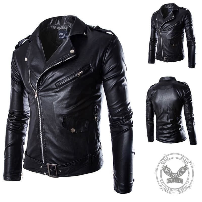 Punk Lapel Diagonal Zipper PU Leather Motorcycle Jacket – GTHIC
