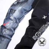 Pantaloni punk da uomo in cotone con stampa teschio patch