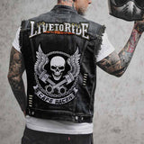Punk Live To Ride Wings Skull Print Denim Vest 01 | Gthic.com