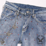 Punk Rhinestone Studded Flare Cotton Denim Jeans