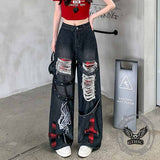 Punk Ripped Skull Hand Print Cross Patch Baggy Jeans 01 | Gthic.com