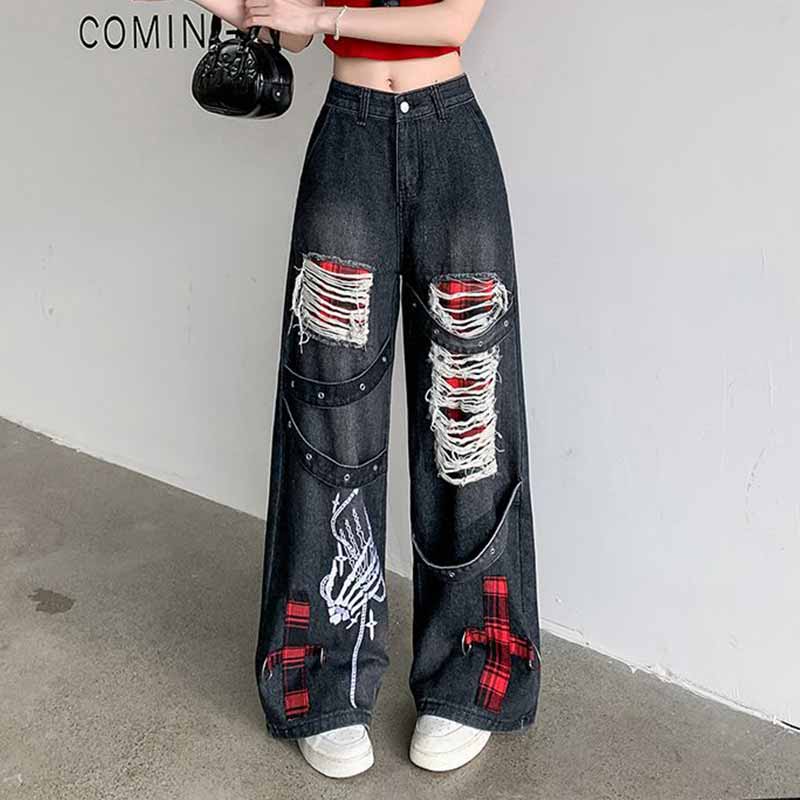 Punk Ripped Skull Hand Print Cross Patch Black Baggy Jeans – GTHIC