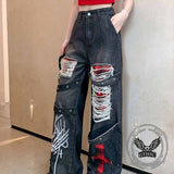 Punk Ripped Skull Hand Print Cross Patch Baggy Jeans