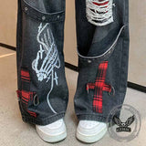 Punk Ripped Skull Hand Print Cross Patch Baggy Jeans