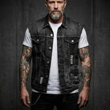 Punk Rock Mask Skull Distressed Biker Denim Vest | Gthic.com