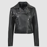 Punk Short Studded Slanted Zipper Slim Fit PU Leather Jacket