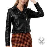 Punk Short Studded Slanted Zipper Slim Fit PU Leather Jacket | Gthic.com