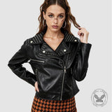 Punk Short Studded Slanted Zipper Slim Fit PU Leather Jacket | Gthic.com