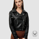 Punk Short Studded Slanted Zipper Slim Fit PU Leather Jacket | Gthic.com