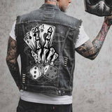 Punk Skeleton Hand Playing Cards Print Denim Vest 01 | Gthic.com