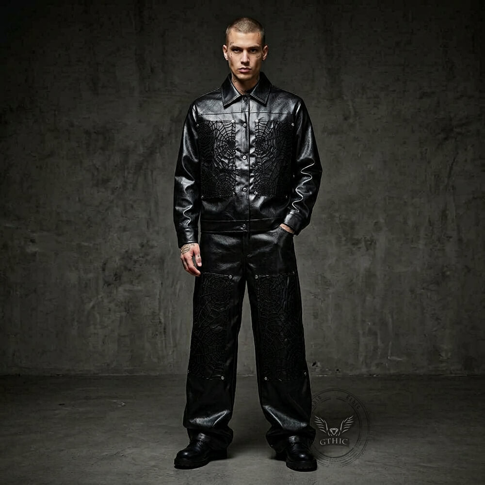 トップス GUILTY GUY$ - Jacket & Pants Punk Spider Web Textured PU Leather Jacket Pants – GTHIC