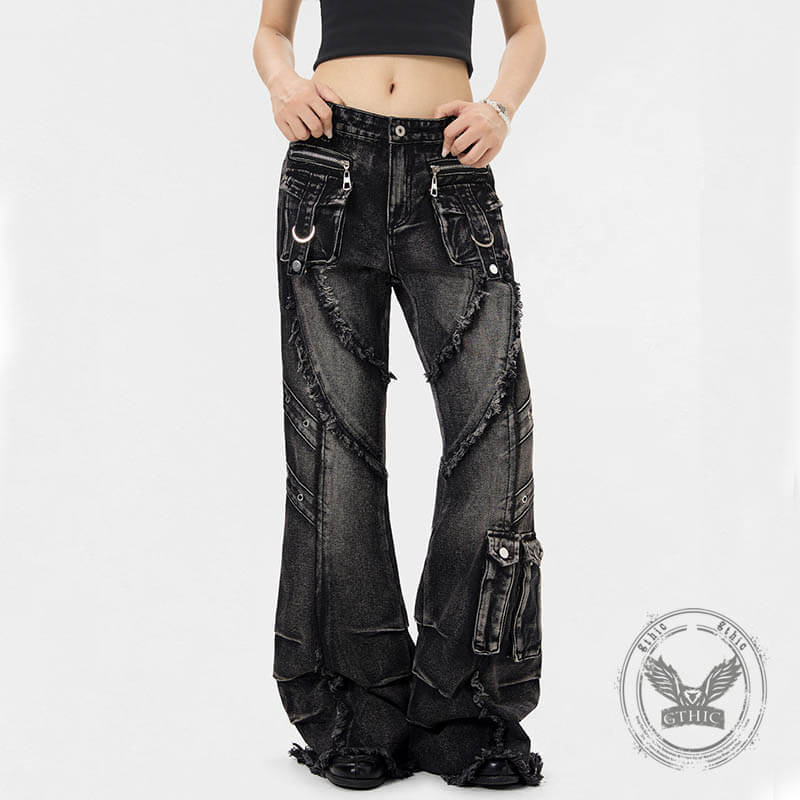 Punk Y2K Style Washed Raw Edge Flared Jeans – GTHIC