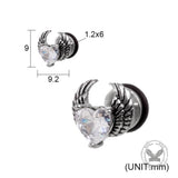 Punk Zircon Heart Wing Stainless Steel Stud Earrings