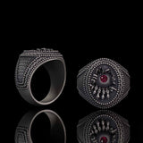 Red Zircon Eye Skull Hand Punk Sterling Silver Ring | Gthic.com