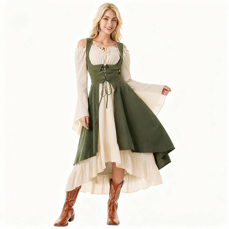 Renaissance Yellow Cinched Waist Lace-Up Colorblock Dress, Green / L (Bust 99.5 cm) Renaissance Yellow Cinched Waist Lace-Up Colorblock Dress, Green / L (Bust 99.5 cm)