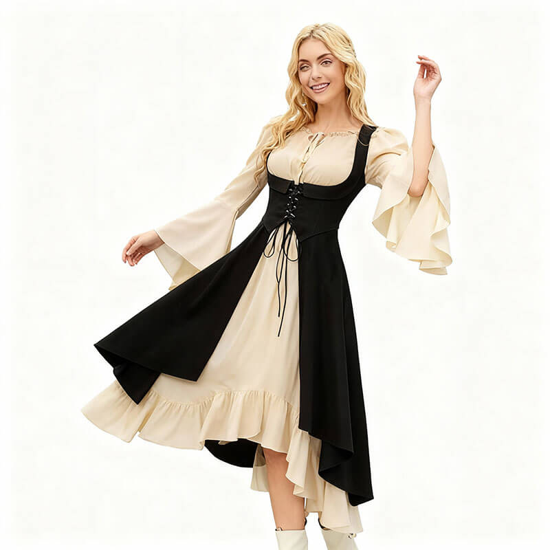 Renaissance Yellow Cinched Waist Lace-Up Colorblock Dress, Black / 2XL (Bust 113.5 cm) Renaissance Yellow Cinched Waist Lace-Up Colorblock Dress, Black / 2XL (Bust 113.5 cm)