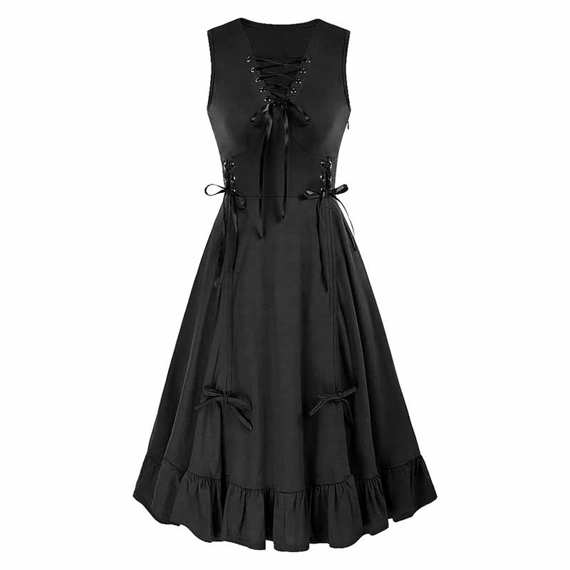 Renaissance Retro High Waist V Neck Sleeveless Dress, Black / XL (Bust 41.5-43 inch)